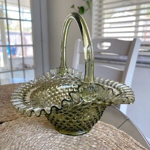 Fenton Vintage Olive Green Hobnail Glass Basket Ruffled Edge Applied Handle MCM